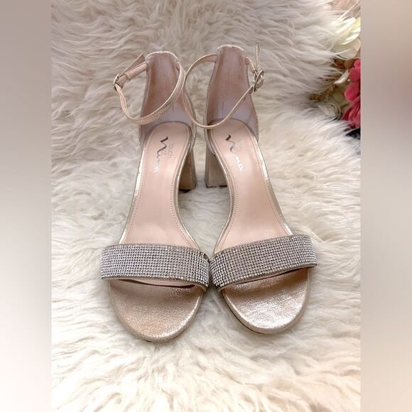 Nina Ankle Straps Rhinestones Rose Gold Satin Block Heels 8 - Picture 2 of 7
